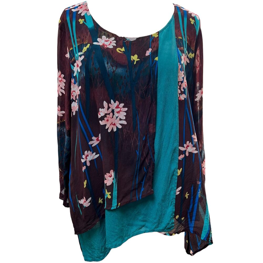 Citron Santa Monica Silk Floral Tunic Top Womens 3X Teal Brown Sheer Boho Blouse